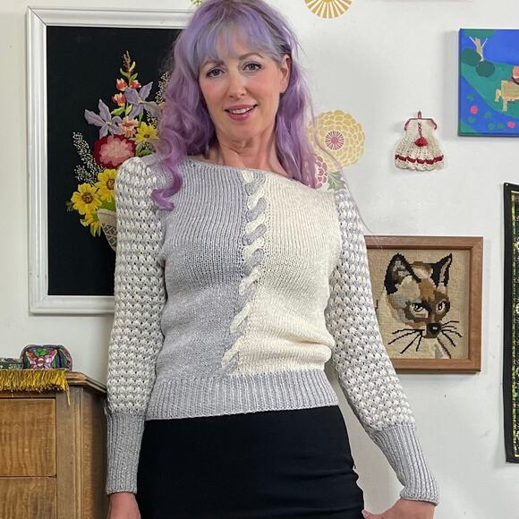 Vintage Gray & White Puff Sleeve Sweater, 1980s Cable Knit Nannell Boatneck Sz S - Picture 11 of 15